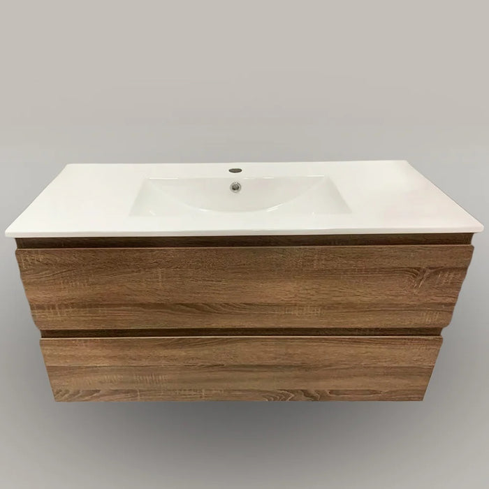 Wall Hung Oak Brown Bathroom Vanity with Ceramic Top Integrated Basin - Z6001W-100