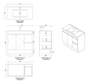 Free-standing White Bathroom Vanity with Ceramic Top Integrated Basin - B6001F-90R