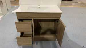 Free-standing Oak Brown Bathroom Vanity with Ceramic Top Integrated Basin - Z6001F-90L