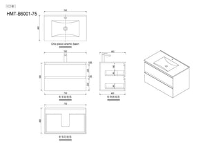 Oak Brown Timber Wall-Hung Bathroom Vanity Ceramic Top Integrated Basin - Z6001W60/75/90