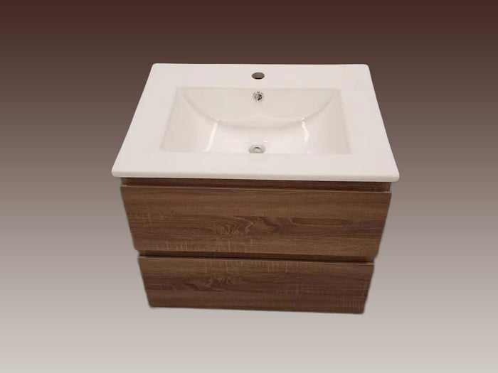 Oak Brown Timber Wall-Hung Bathroom Vanity Ceramic Top Integrated Basin - Z6001W60/75/90