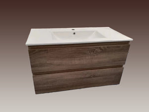 Oak Brown Timber Wall-Hung Bathroom Vanity Ceramic Top Integrated Basin - Z6001W60/75/90