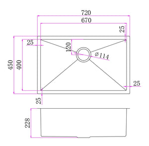 Single Bowl Rectangular Stainless Steel Sink Undermount Top mount - 7245B