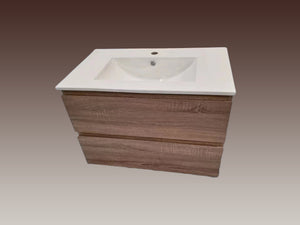 Oak Brown Timber Wall-Hung Bathroom Vanity Ceramic Top Integrated Basin - Z6001W60/75/90