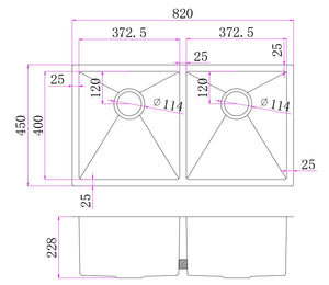 Double Bowl Rectangular Stainless Steel Sink Undermount Top mount - 8245B