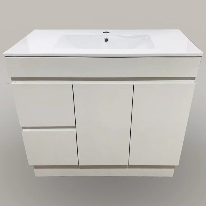 Free-standing White Bathroom Vanity with Ceramic Top Integrated Basin - B6001F-90L