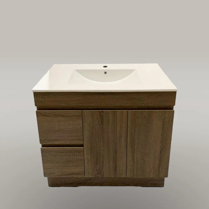 Free-standing Oak Brown Bathroom Vanity with Ceramic Top Integrated Basin - Z6001F-90L