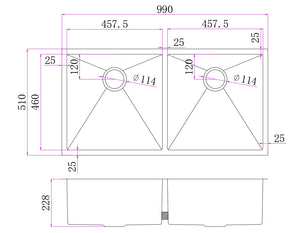 Double Bowl Rectangular Stainless Steel Sink Undermount Top mount - 9951