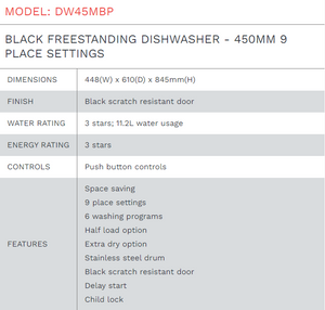 Meg(inc delivery to 6210)- Di Lusso BLACK FREESTANDING DISHWASHER - 450MM 9 PLACE SETTINGS - DW45MBP