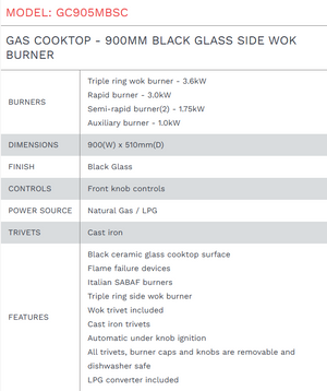 Di Lusso GAS COOKTOP - 900MM BLACK GLASS SIDE WOK BURNER - GC905MBSC