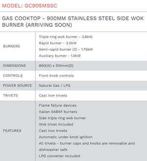 Di Lusso GAS COOKTOP - 900MM STAINLESS STEEL SIDE WOK BURNER - GC905MSSC