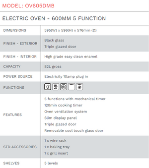 Di Lusso ELECTRIC OVEN - 600MM 5 FUNCTION - OV605DMB