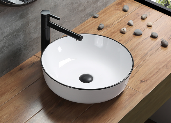 Ceramic Art Basin Top Mount White And Black Edge Round - GX1065BL