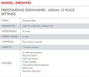 DI LUSSO FREESTANDING DISHWASHER - 600MM 12 PLACE SETTINGS - DW269SS