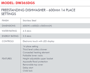 Di Lusso FREESTANDING DISHWASHER - 600MM 14 PLACE SETTINGS-DW365DGS