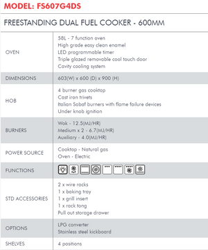 Di Lusso FREESTANDING DUAL FUEL COOKER - 600MM FS607G4DS