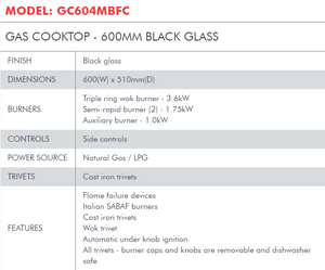 Di Lusso GAS COOKTOP - 600MM BLACK GLASS GC604MBFC