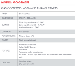 Di Lusso GAS COOKTOP - 600MM SS ENAMEL TRIVETS GC604MSFE