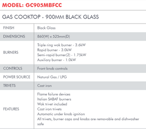 Di Lusso GAS COOKTOP - 900MM BLACK GLASS GC905MBFCC