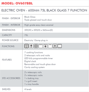 Di Lusso ELECTRIC OVEN - 600MM 75L BLACK GLASS 7 FUNCTION OV607BBL