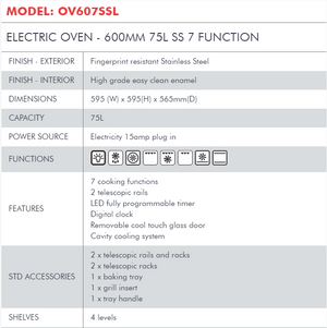 Di Lusso ELECTRIC OVEN - 600MM 75L SS 7 FUNCTION OV607SSL