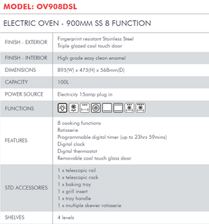 Di Lusso ELECTRIC OVEN - 900MM SS 8 FUNCTION OV908DSL