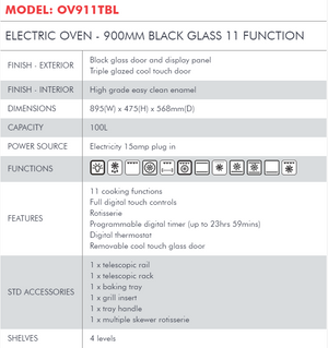 Di Lusso ELECTRIC OVEN - 900MM BLACK GLASS 11 FUNCTION OV911TBL